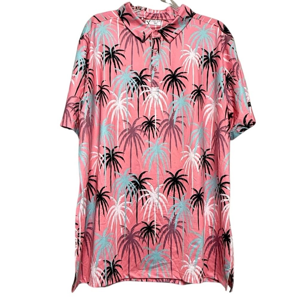 Yatta Men's Golf Polo Shirt Pastel Palm Trees Pink Blue Black Size 2XL.